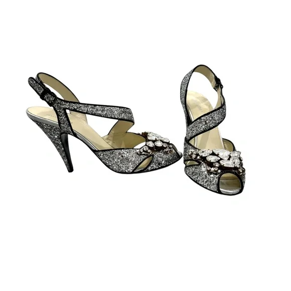 MIU MIU 2006 RUNWAY SILVER GLITTER STILETTO SANDALS w/CRYSTAL EMBELLISHMENTS